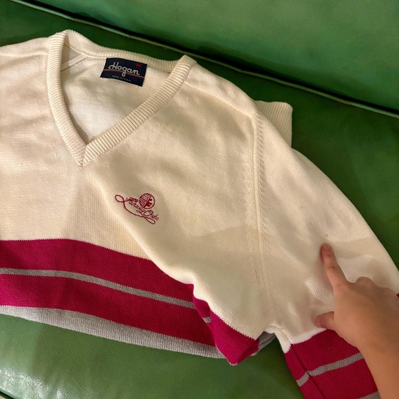 Cute Creamy Colored 90s Cotton Knit V-Neck Horizontal Striped Sweater Medium M - Picture 11 of 11